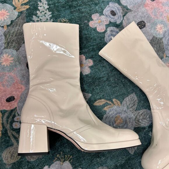 Miista Cass Boots 40 Cream White Patent Leather Block Heel Square Toe High Tall - Picture 10 of 16